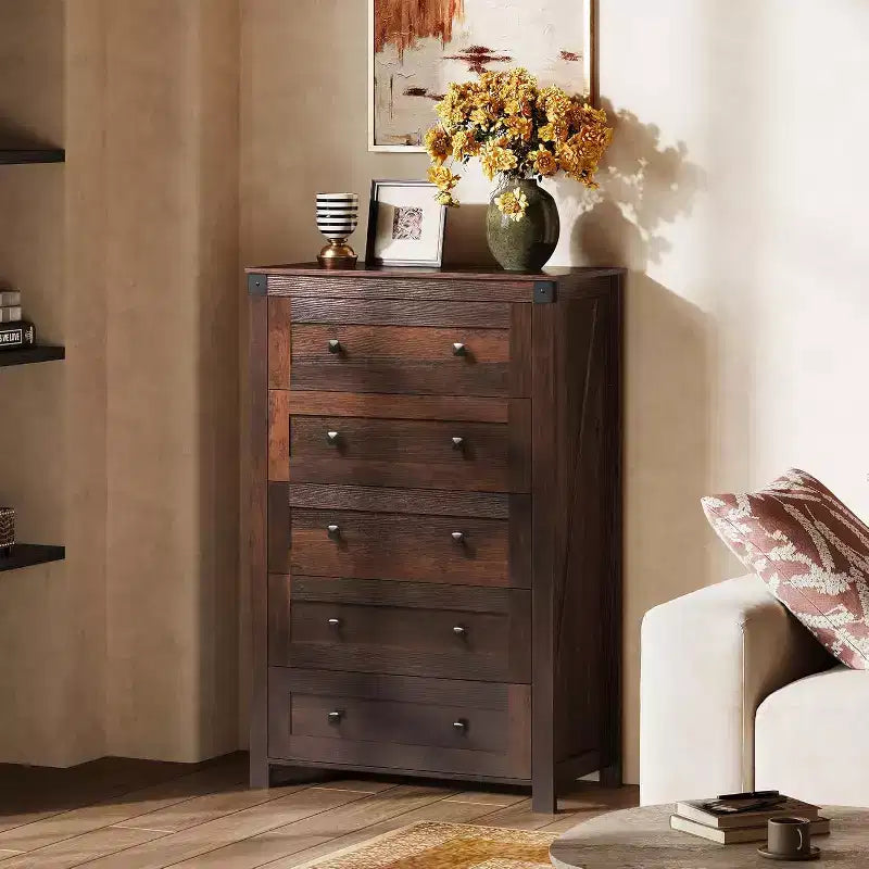 Cassettiera a 5 cassetti stile rustico con maniglie rustiche