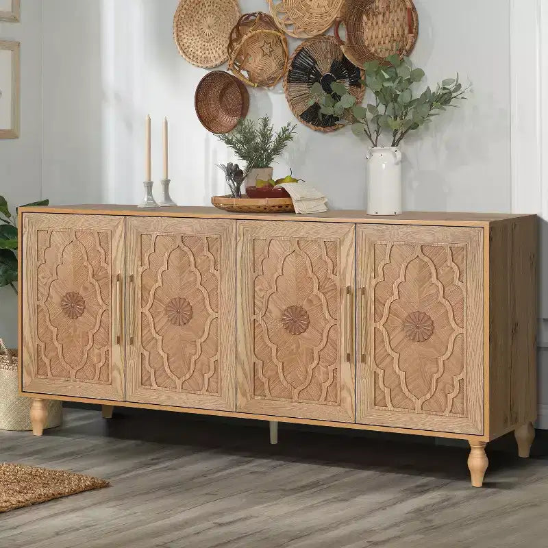 Mobile Mid Century Modern da 62,99" con Ante Intagliate a Fiori e Ripiani Regolabili