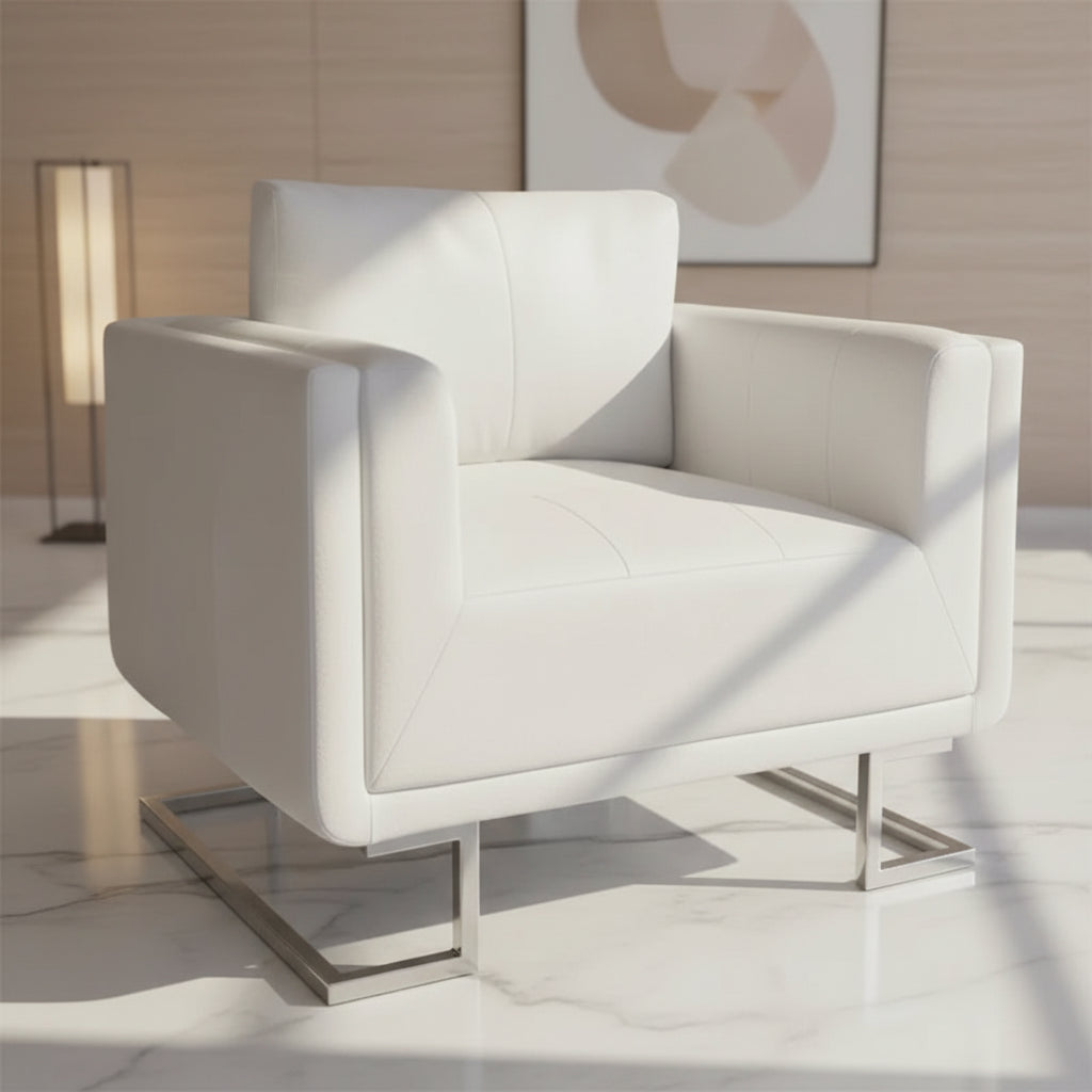 vidaXL Scandinavian-Modern Cube Armchair, White Leather Upholstered, Solid Wooden Frame with Chrome Feet - White