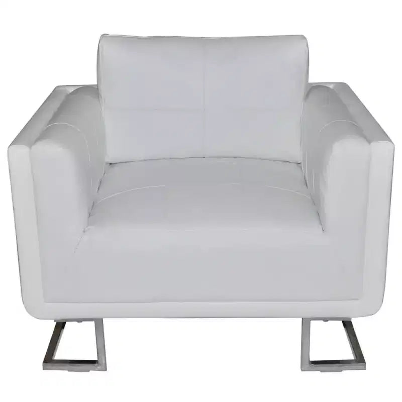 Poltrona Cube in Pelle Bianca con Struttura in Legno Massello e Gambe Cromate