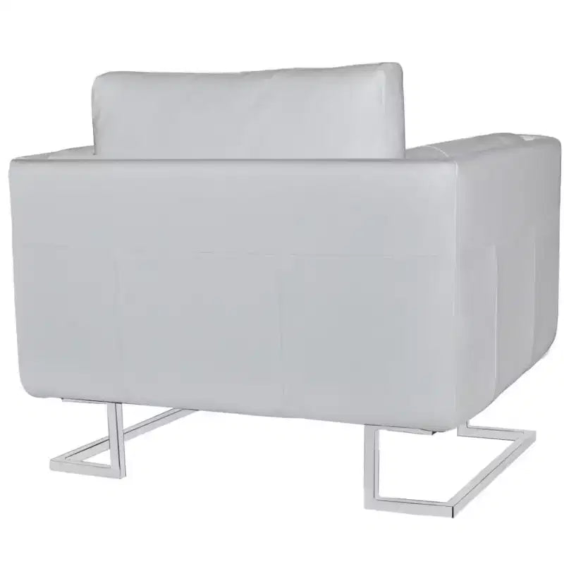 Poltrona Cube in Pelle Bianca con Struttura in Legno Massello e Gambe Cromate