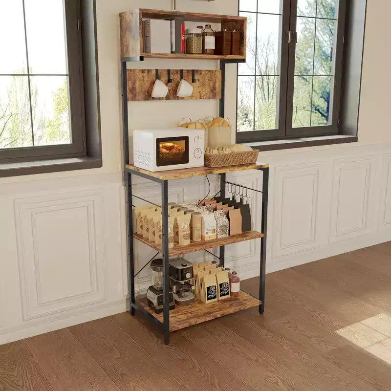 Scaffale da Panettiere a 4 Ripiani con Presa Elettrica e Ganci Contenitori