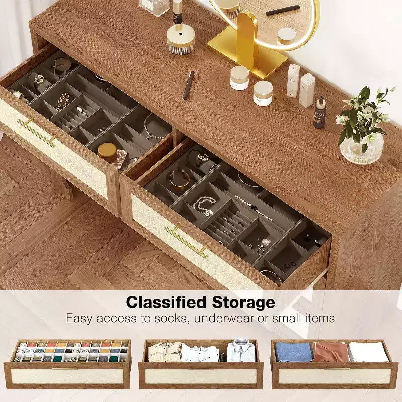 Cassettiera in rattan a 6 cassetti con maniglie dorate