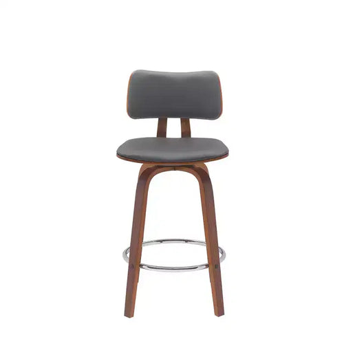 HomeRoots 26 Gray And Wood Brown Faux Leather Swivel Low Back Counter Height Bar Chair