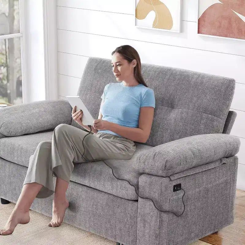 Divano Letto Convertibile 3-in-1 con Ricarica USB e Schienale Regolabile