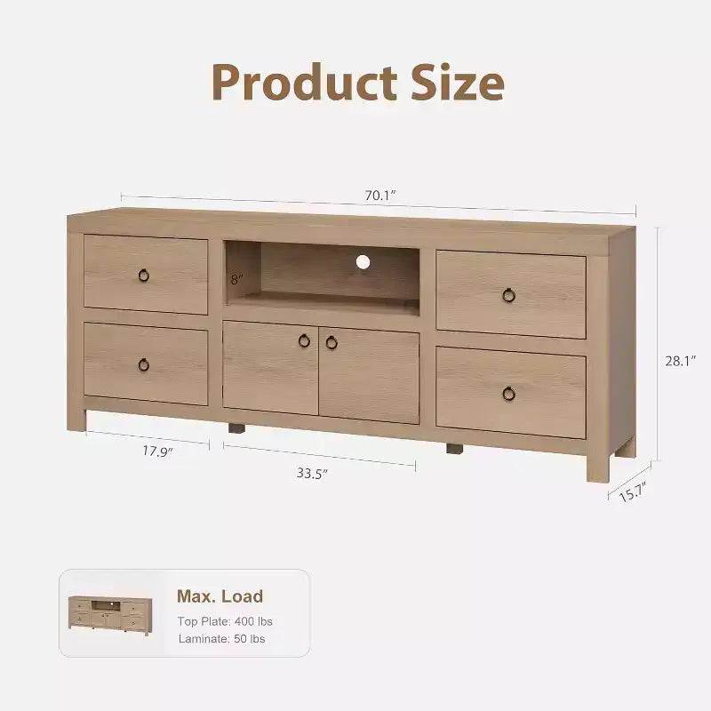 Mobile Porta TV in Stile Rustico per Televisori Fino a 80 Pollici – Mobile TV da 70" con Cassetti Contenitori e Scaffale per Soundbar