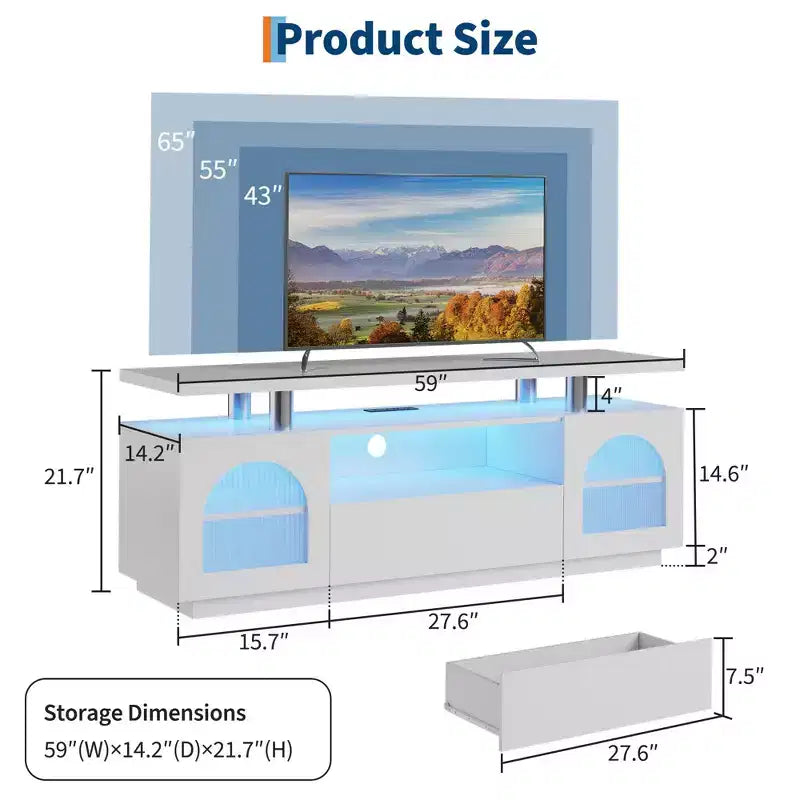 Mobile TV da 59" con luci a LED e prese di corrente - Adatto a TV fino a 65"