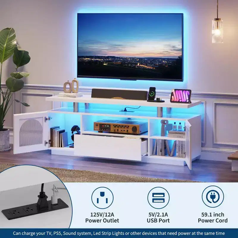 Mobile TV da 59" con luci a LED e prese di corrente - Adatto a TV fino a 65"