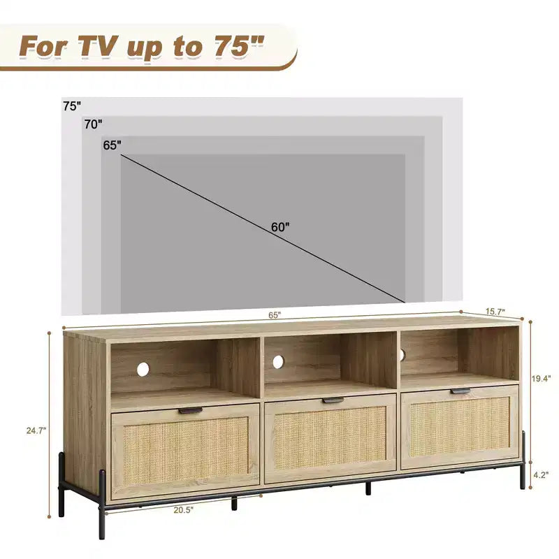 Mobile TV in Rattan con 3 Cassetti e Ripiano Aperto – Adatto per TV fino a 75 Pollici