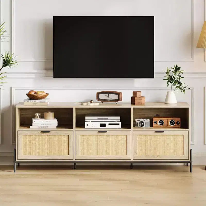 Mobile TV in Rattan con 3 Cassetti e Ripiano Aperto – Adatto per TV fino a 75 Pollici