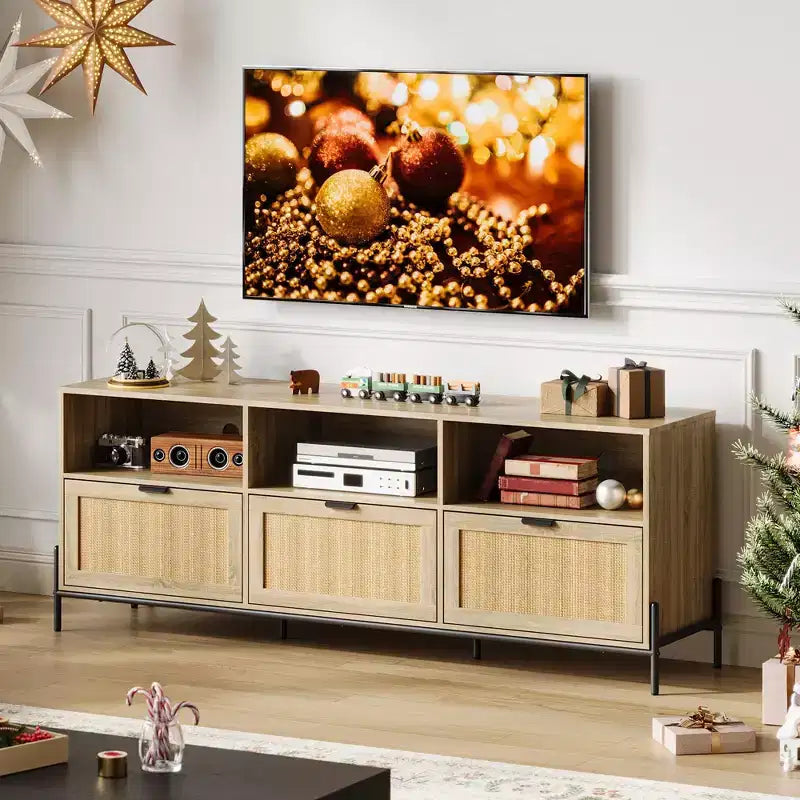 Mobile TV in Rattan con 3 Cassetti e Ripiano Aperto – Adatto per TV fino a 75 Pollici