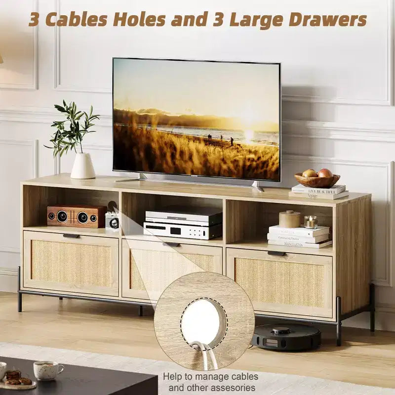Mobile TV in Rattan con 3 Cassetti e Ripiano Aperto – Adatto per TV fino a 75 Pollici