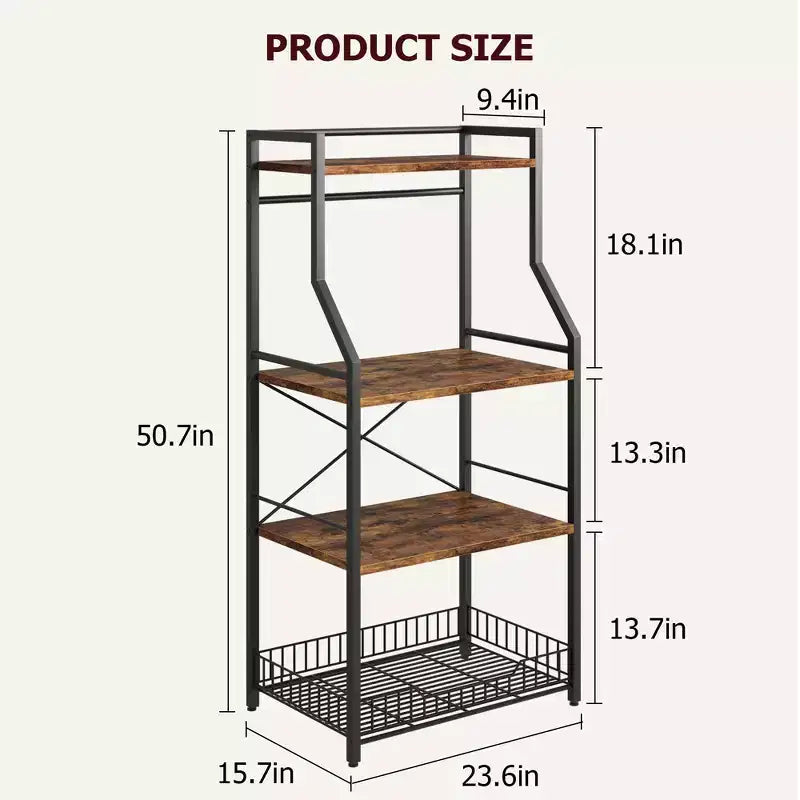 Scaffale da Cucina a 4 Ripiani con Supporto per Microonde e Cesto in Filo Metallico