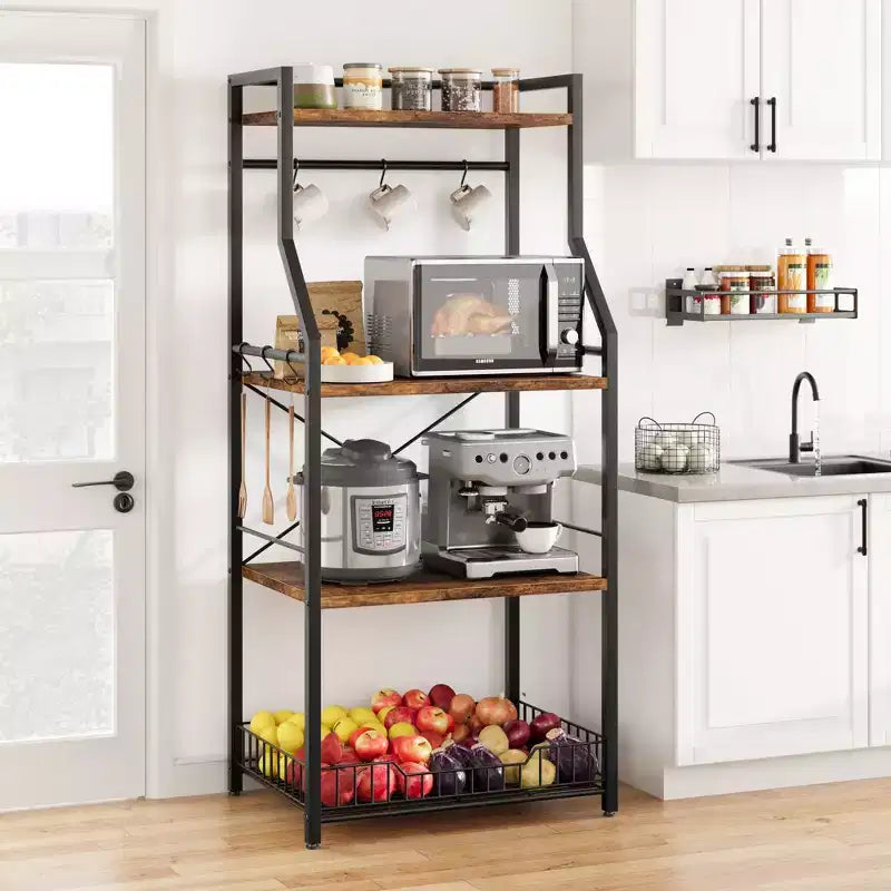 Scaffale da Cucina a 4 Ripiani con Supporto per Microonde e Cesto in Filo Metallico