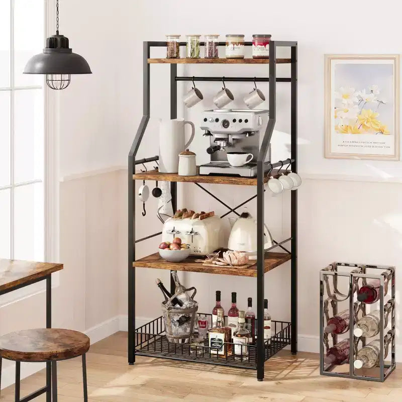 Scaffale da Cucina a 4 Ripiani con Supporto per Microonde e Cesto in Filo Metallico