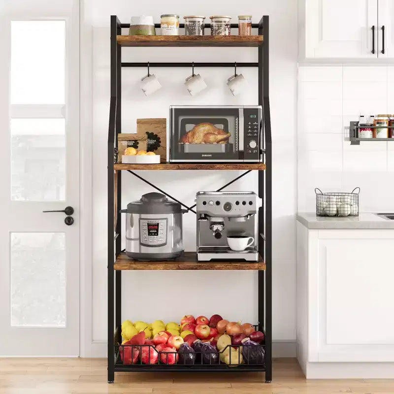 Scaffale da Cucina a 4 Ripiani con Supporto per Microonde e Cesto in Filo Metallico
