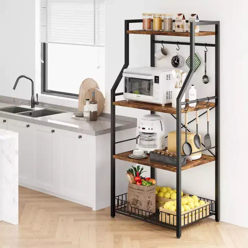 Scaffale da Cucina a 4 Ripiani con Supporto per Microonde e Cesto in Filo Metallico