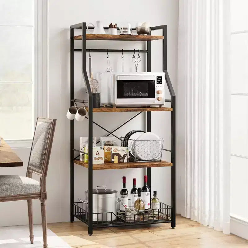 Scaffale da Cucina a 4 Ripiani con Supporto per Microonde e Cesto in Filo Metallico