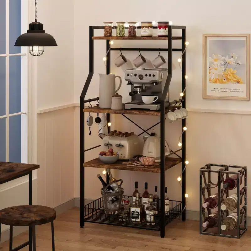 Scaffale da Cucina a 4 Ripiani con Supporto per Microonde e Cesto in Filo Metallico