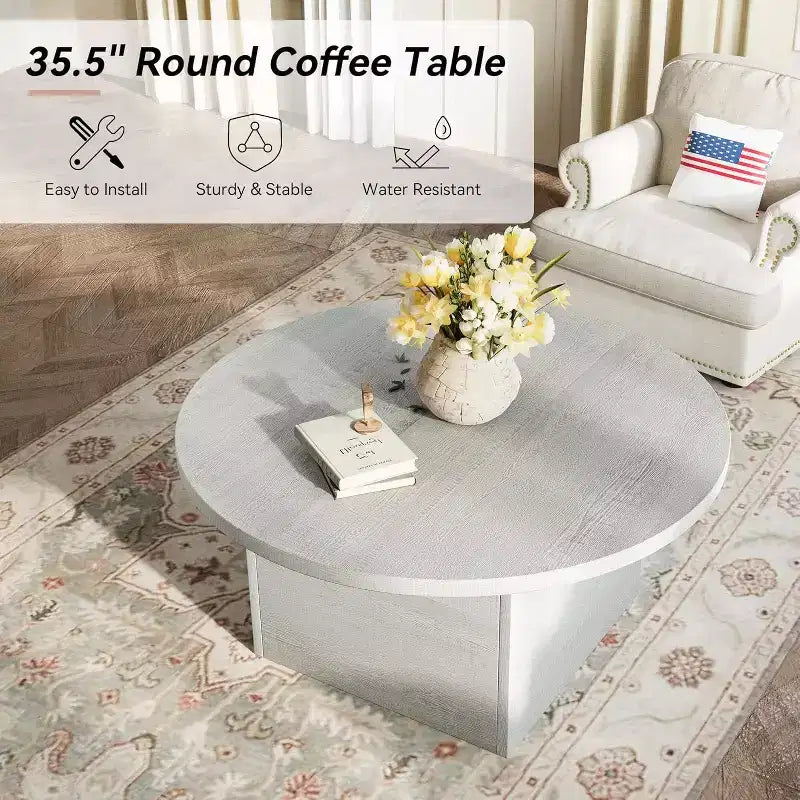 Tavolino da caffè rotondo 35,5" con gambe ad anello – Piano in finto marmo