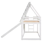 Huisbedframe voor stapelbed voor eenpersoonsbedden met dak, raam, veiligheidshekken en ingebouwde ladder – wit en bruin