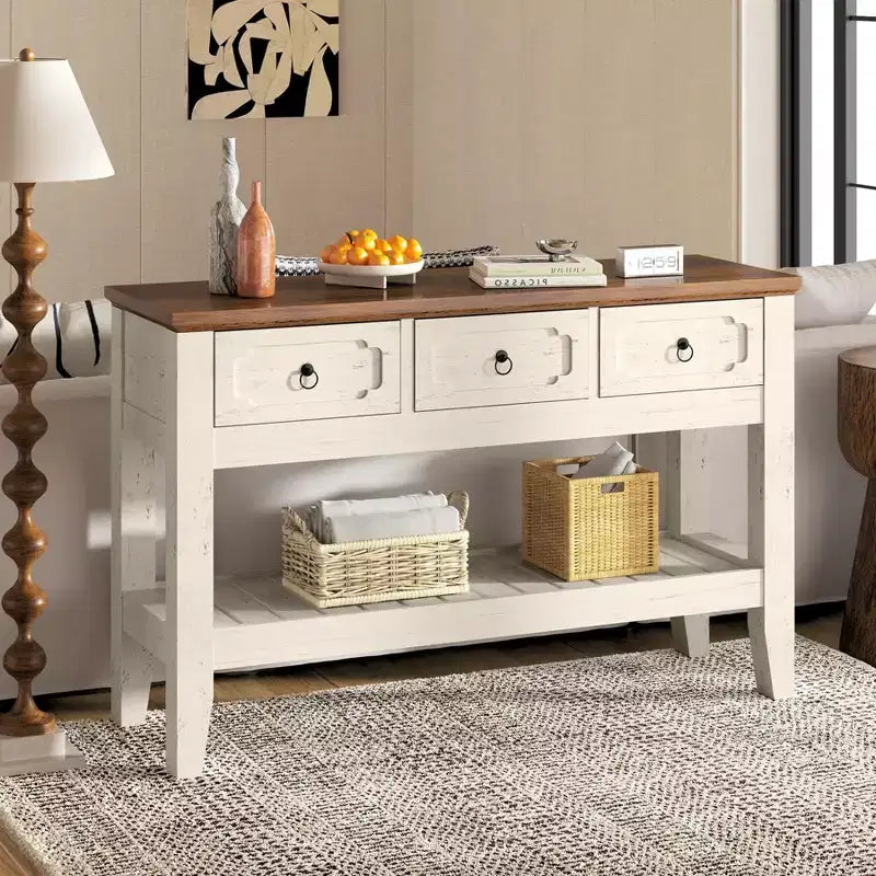 Consolle rustica da fattoria con 3 cassetti e ripiano aperto – 119 cm, bianco anticato