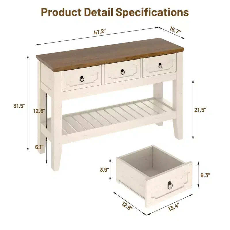 Consolle rustica da fattoria con 3 cassetti e ripiano aperto – 119 cm, bianco anticato