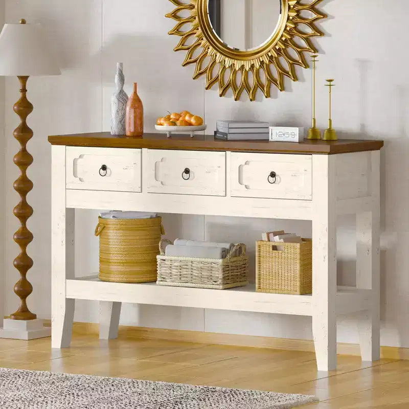 Consolle rustica da fattoria con 3 cassetti e ripiano aperto – 119 cm, bianco anticato