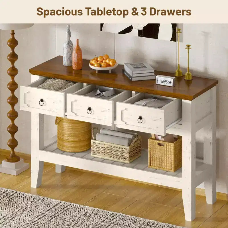 Consolle rustica da fattoria con 3 cassetti e ripiano aperto – 119 cm, bianco anticato