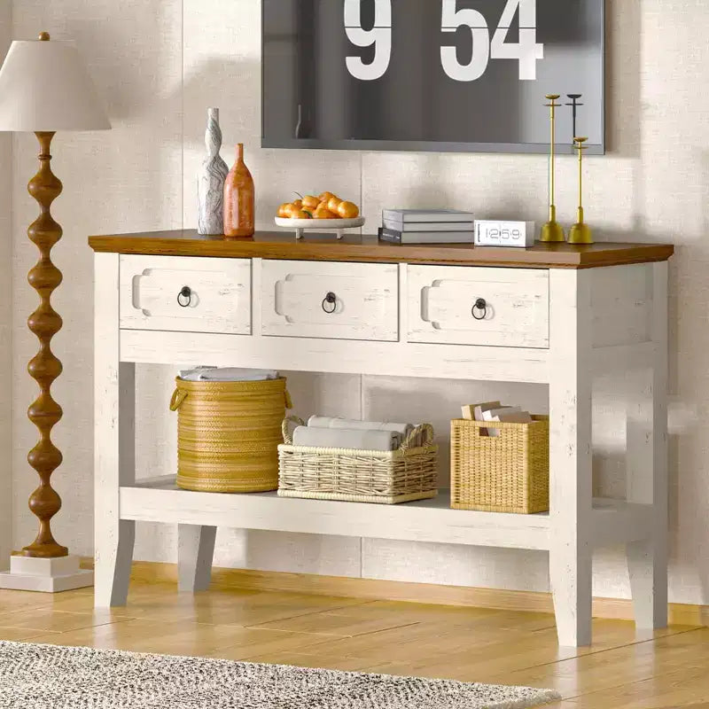Consolle rustica da fattoria con 3 cassetti e ripiano aperto – 119 cm, bianco anticato