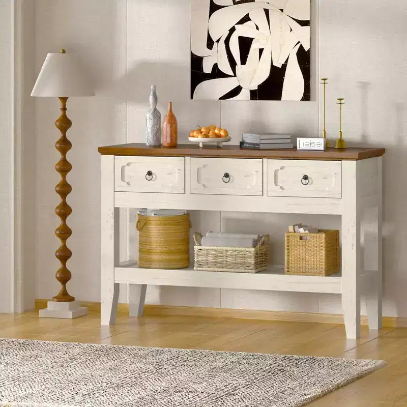 Consolle rustica da fattoria con 3 cassetti e ripiano aperto – 119 cm, bianco anticato