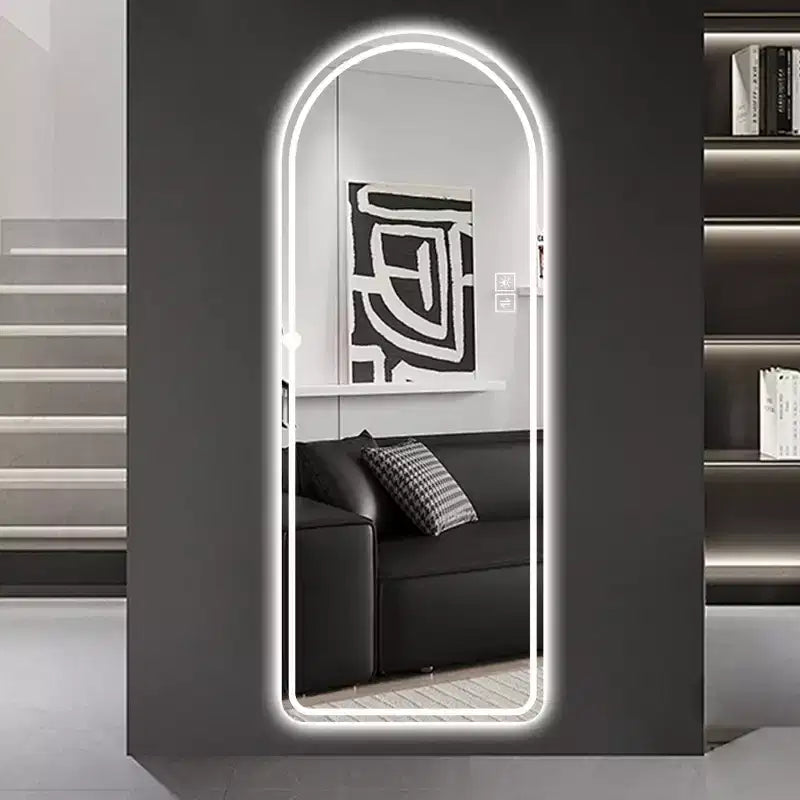 Specchio a figura intera ad arco con luci LED dimmerabili – Montaggio a parete o autoportante, 165 x 53 cm