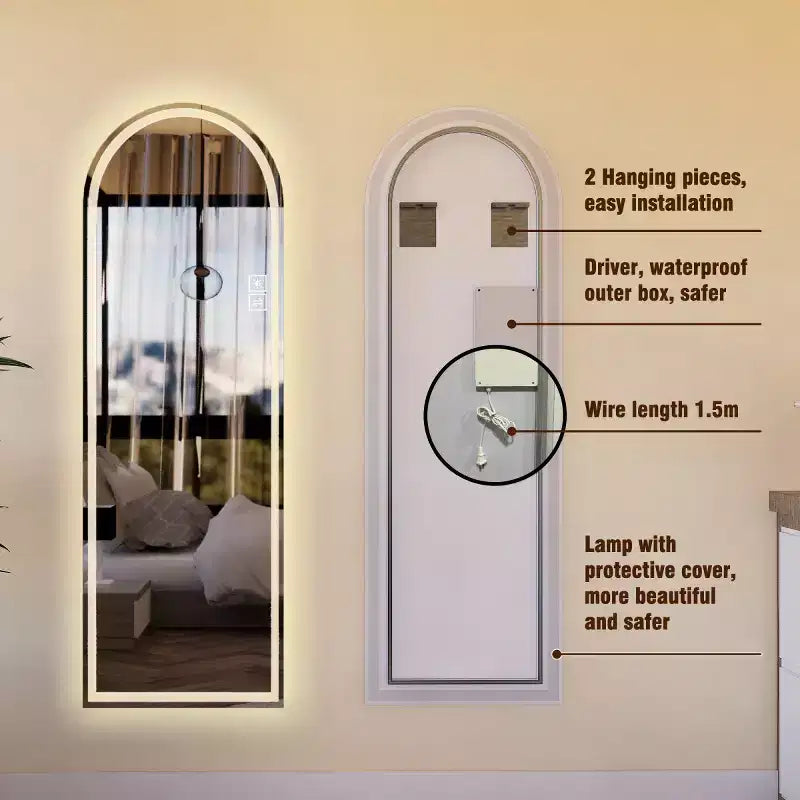 Specchio a figura intera ad arco con luci LED dimmerabili – Montaggio a parete o autoportante, 165 x 53 cm
