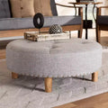 Baxton Studio Vinet Natural Wood Cocktail Ottoman Gray: Modern Upholstered Round Coffee Table, 250lb Capacity