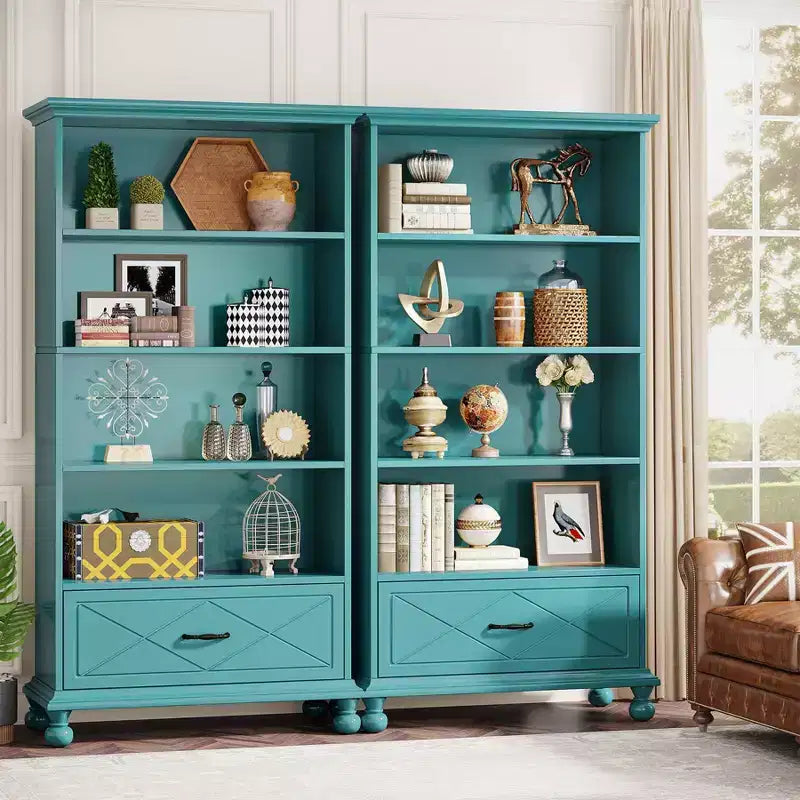Libreria a 6 ripiani da 179,9 cm con cassetto e gambe in legno massello – Blu Oceano
