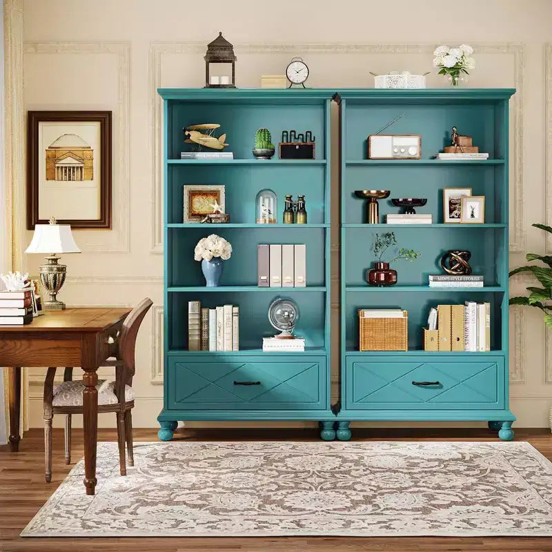 Libreria a 6 ripiani da 179,9 cm con cassetto e gambe in legno massello – Blu Oceano