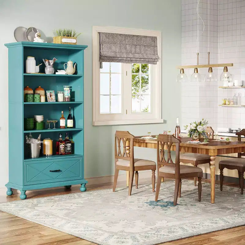 Libreria a 6 ripiani da 179,9 cm con cassetto e gambe in legno massello – Blu Oceano