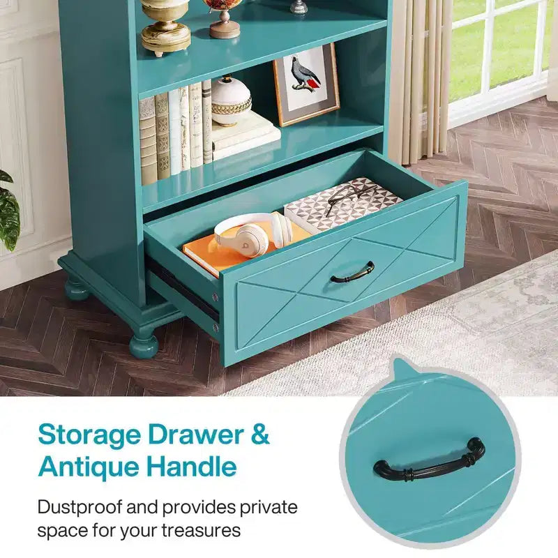 Libreria a 6 ripiani da 179,9 cm con cassetto e gambe in legno massello – Blu Oceano