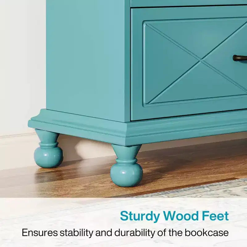 Libreria a 6 ripiani da 179,9 cm con cassetto e gambe in legno massello – Blu Oceano