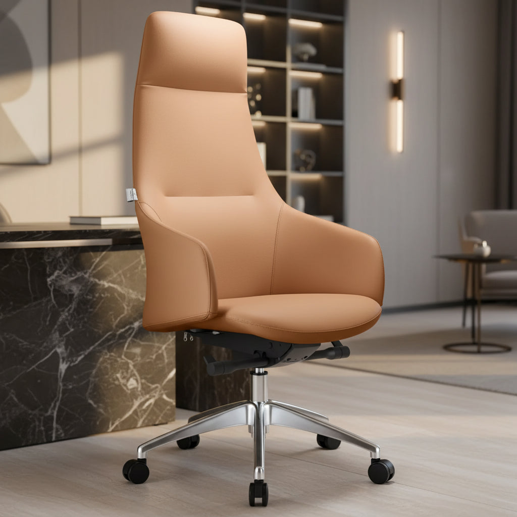 LeisureMod Celeste High-Back Leather Office Chair with Headrest - Modern Iron Frame Swivel & Tilt Executive Desk Chair