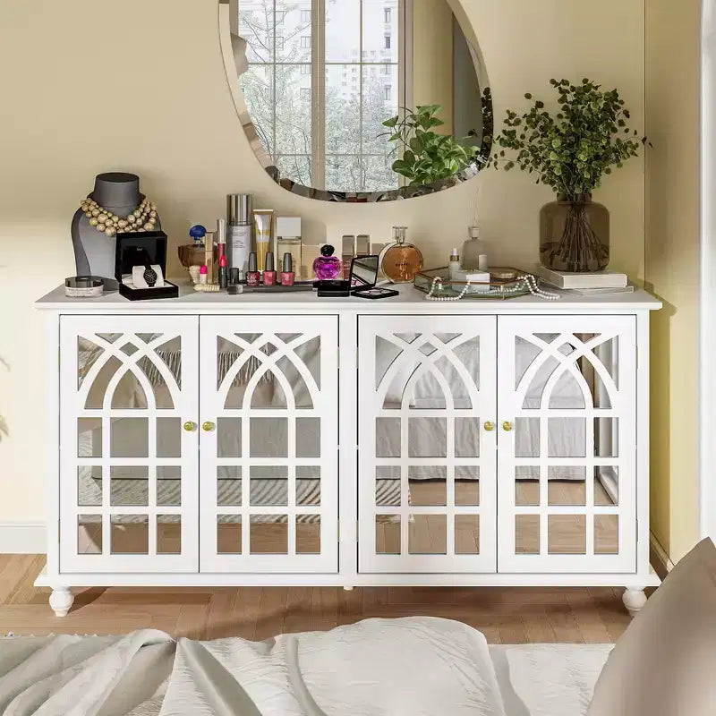 Credenza Bianca da 63 Pollici con Ante a Specchio Arcuate