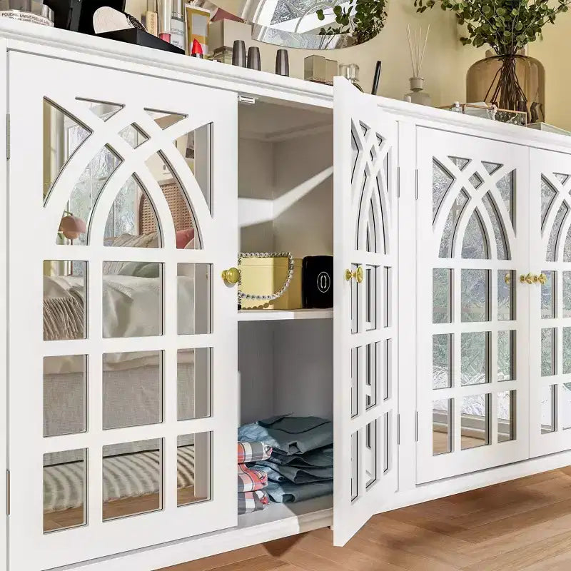 Credenza Bianca da 63 Pollici con Ante a Specchio Arcuate